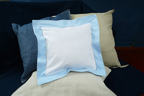 Hemstitch Square Baby Sham 12x12". White with Baby Blue color